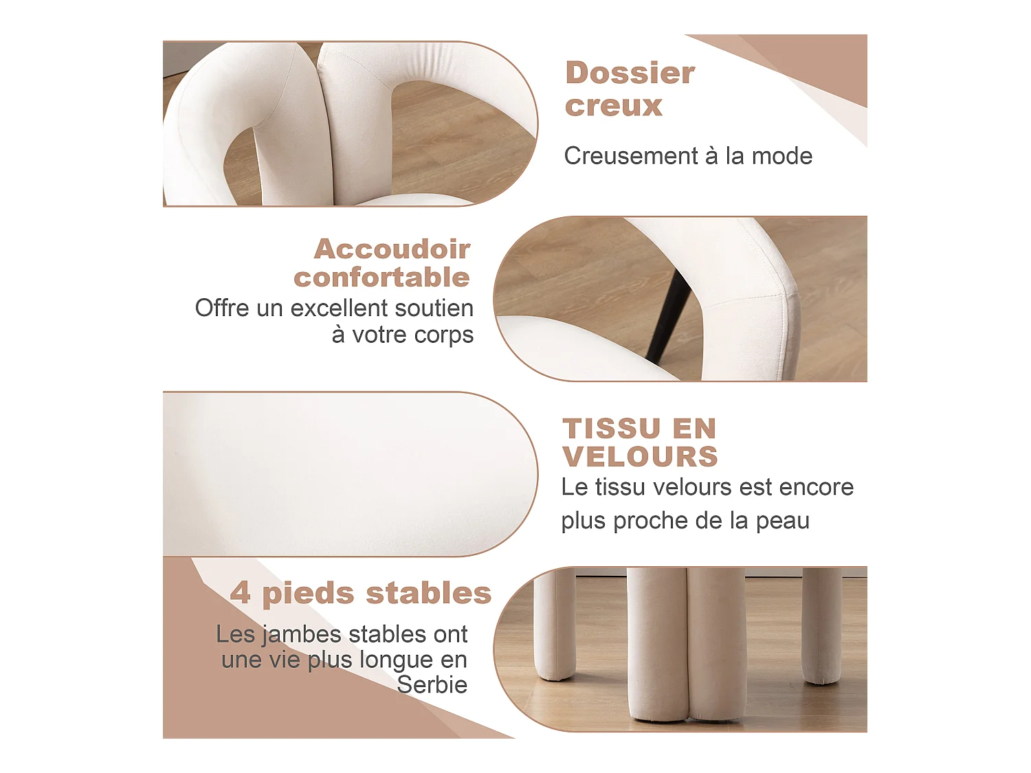 Lot de 2 chaises de salle à manger — velours beige — accoudoirs design à deux arcs - élégant et confortable