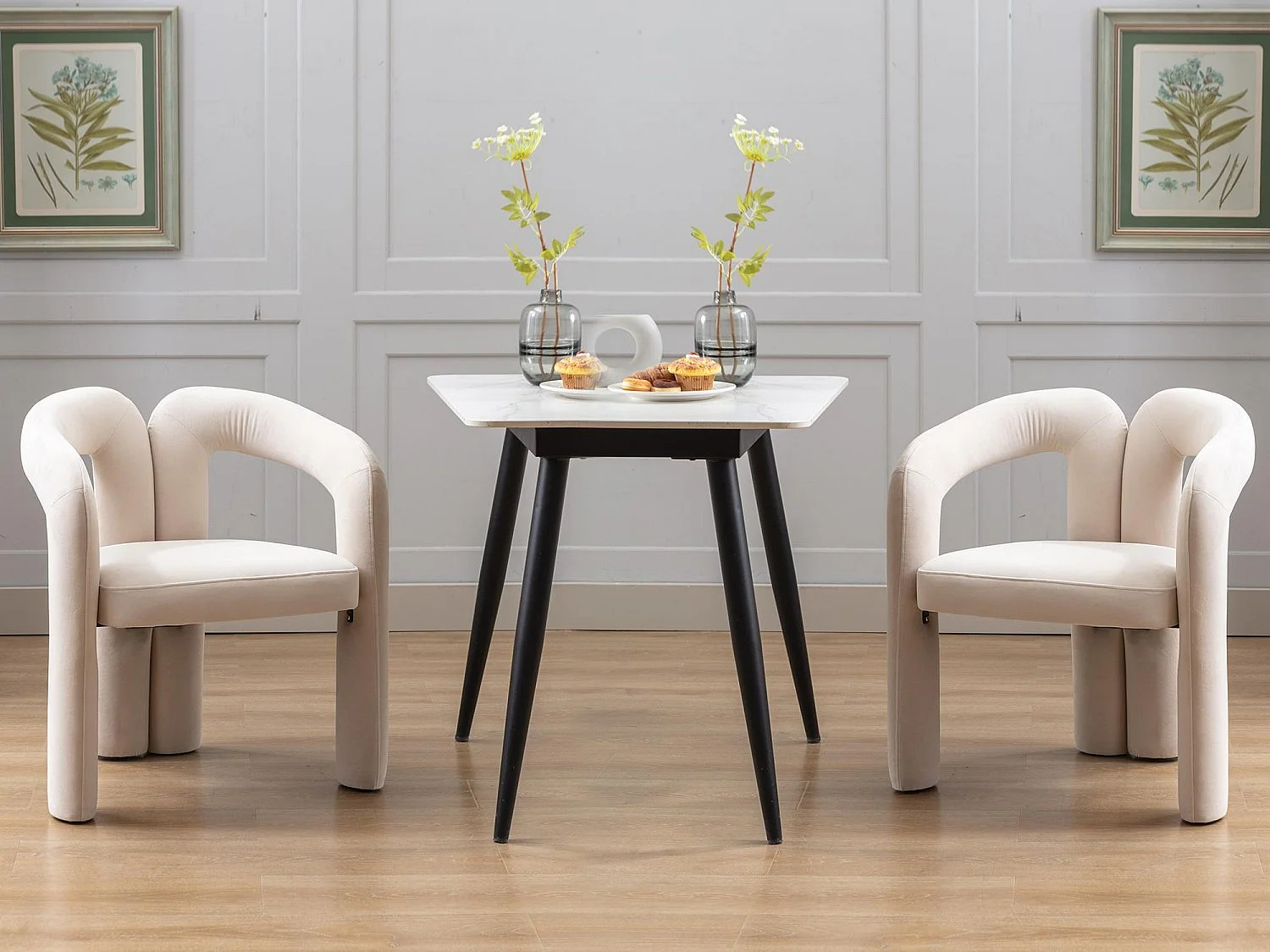 Lot de 2 chaises de salle à manger — velours beige — accoudoirs design à deux arcs - élégant et confortable