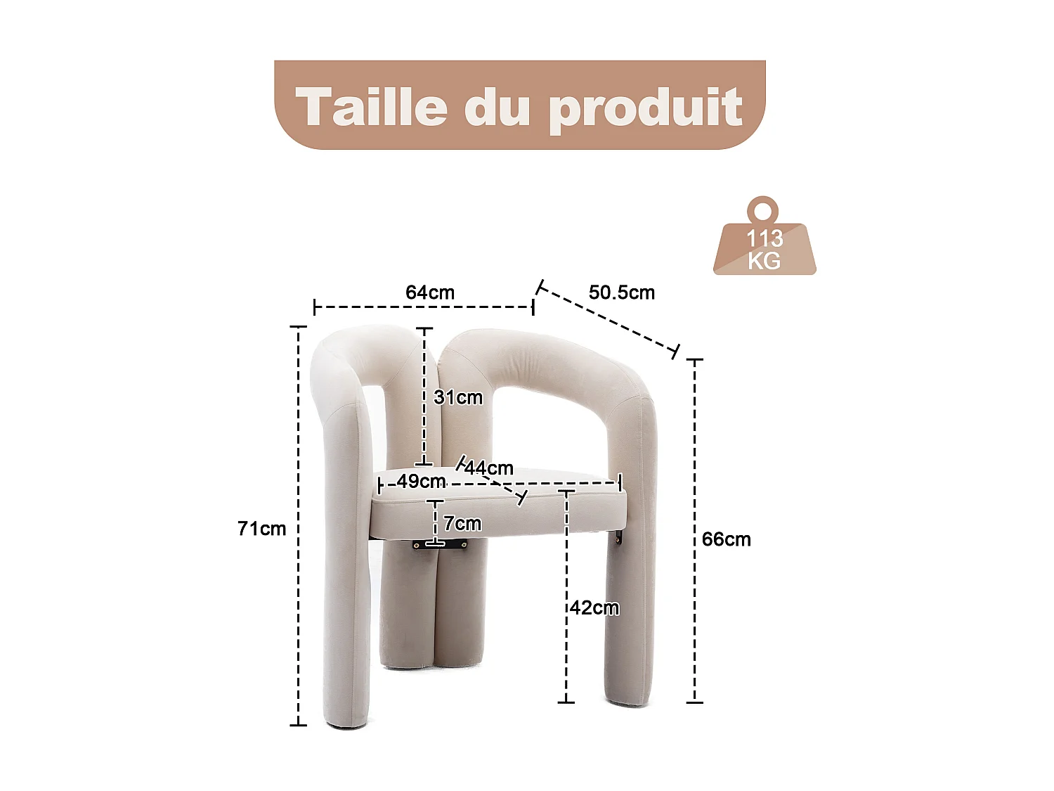 Lot de 2 chaises de salle à manger — velours beige — accoudoirs design à deux arcs - élégant et confortable