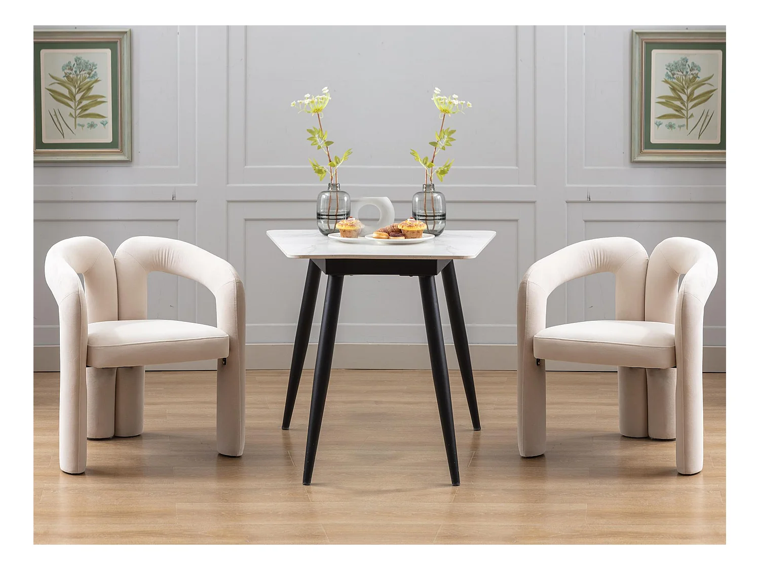 Set van 2 eetkamerstoelen - beige fluweel - dubbele gebogen design armleuningen - elegant en comfortabel