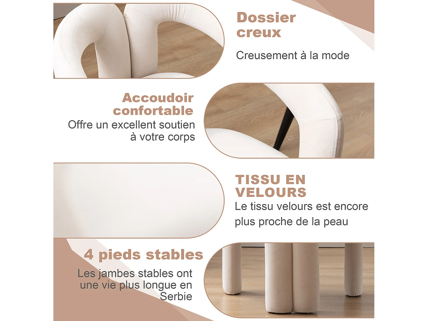 Set van 2 eetkamerstoelen - beige fluweel - dubbele gebogen design armleuningen - elegant en comfortabel