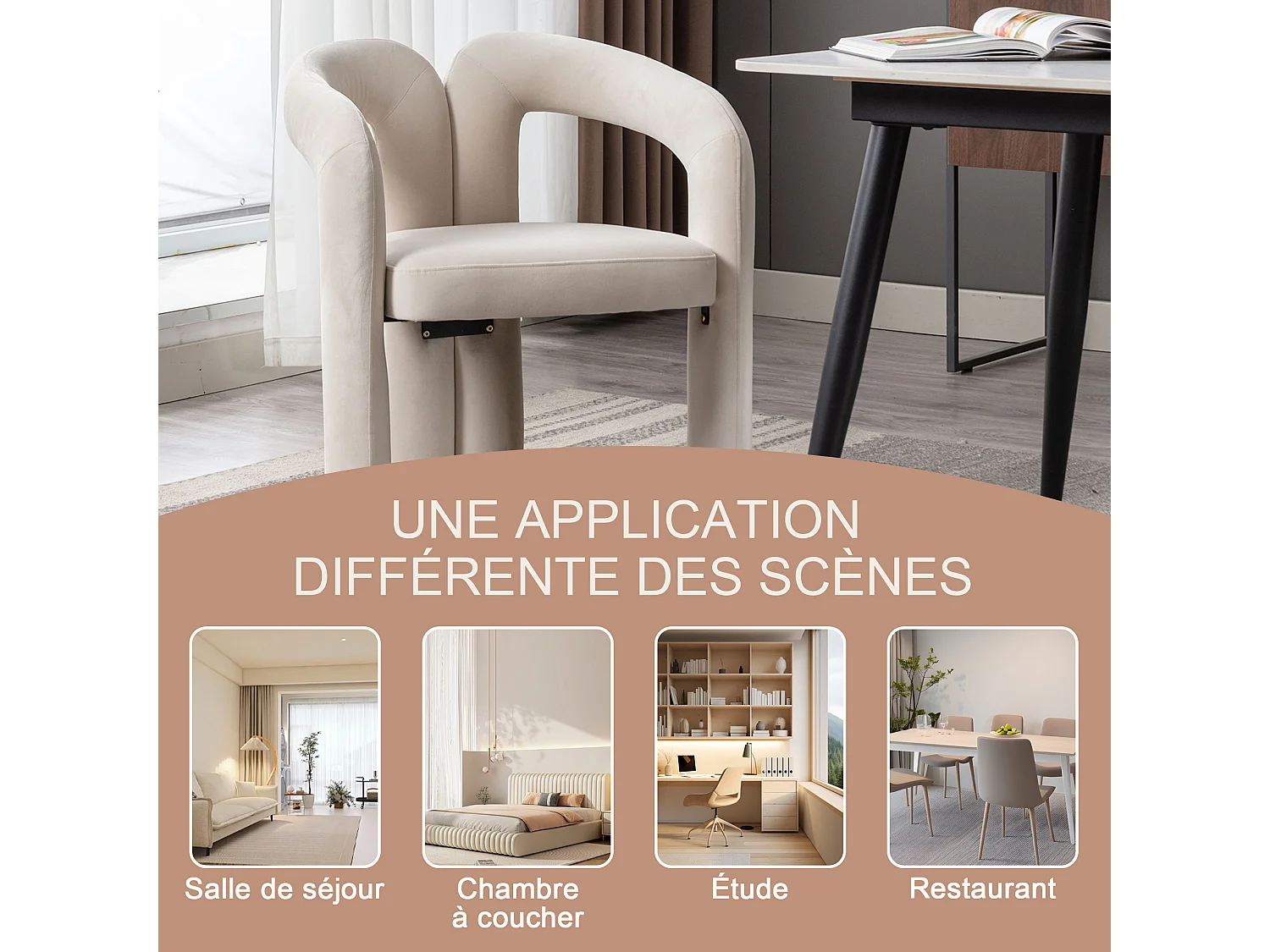 Lot de 2 chaises de salle à manger — velours beige — accoudoirs design à deux arcs - élégant et confortable