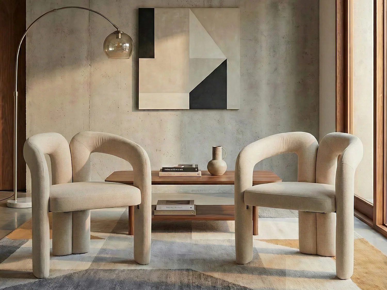 Lot de 2 chaises de salle à manger — velours beige — accoudoirs design à deux arcs - élégant et confortable