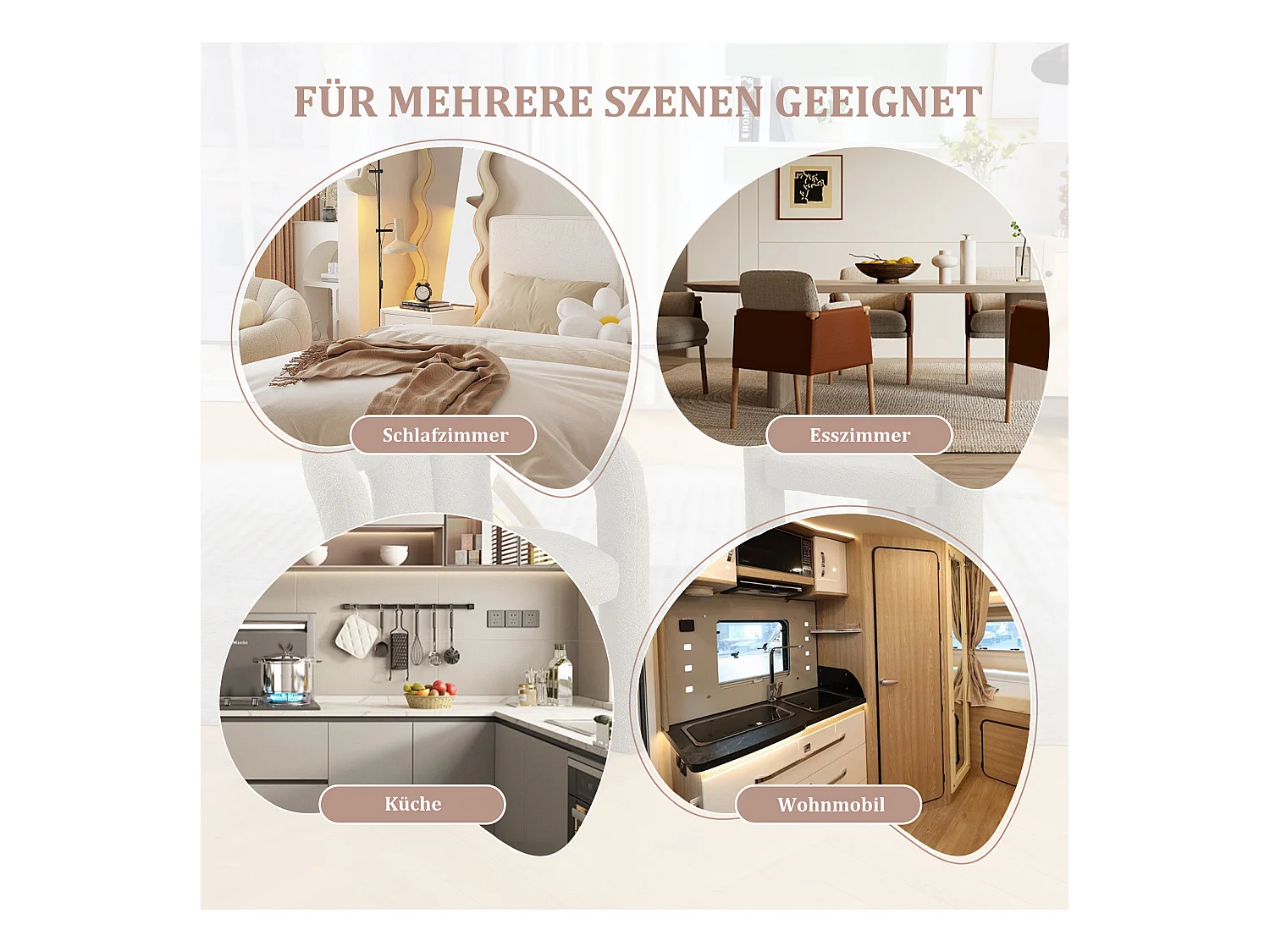 Lot de 2 chaises de salle à manger — en teddy beige — accoudoirs design à deux arcs - élégant et confortable