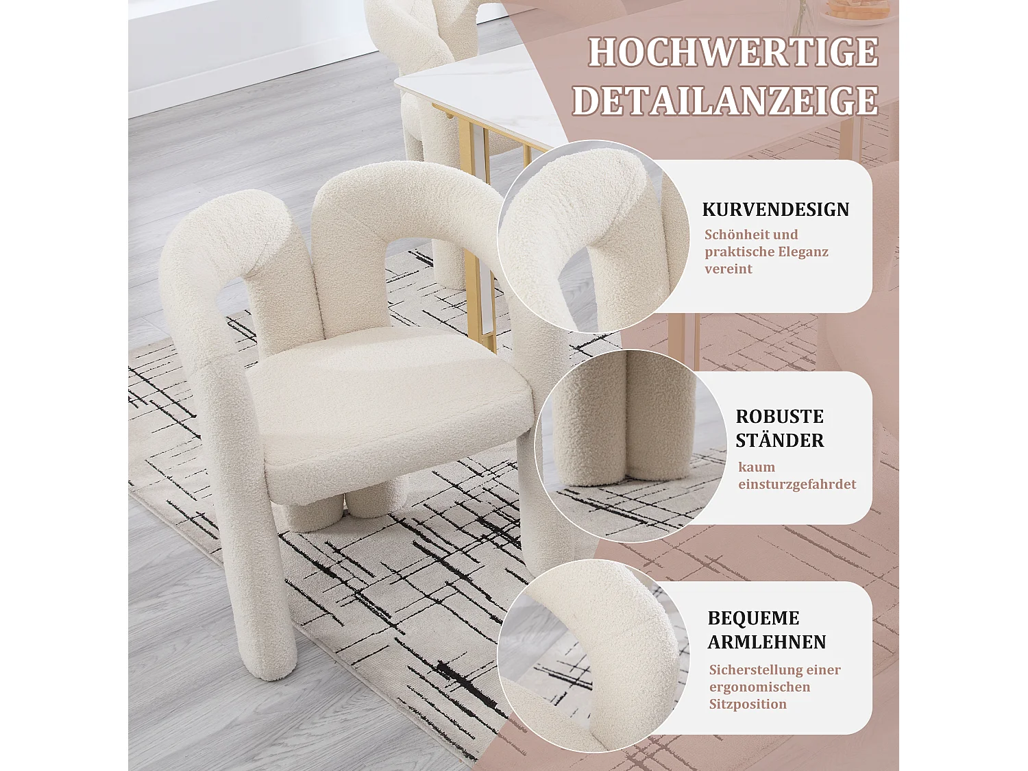 Lot de 2 chaises de salle à manger — en teddy beige — accoudoirs design à deux arcs - élégant et confortable