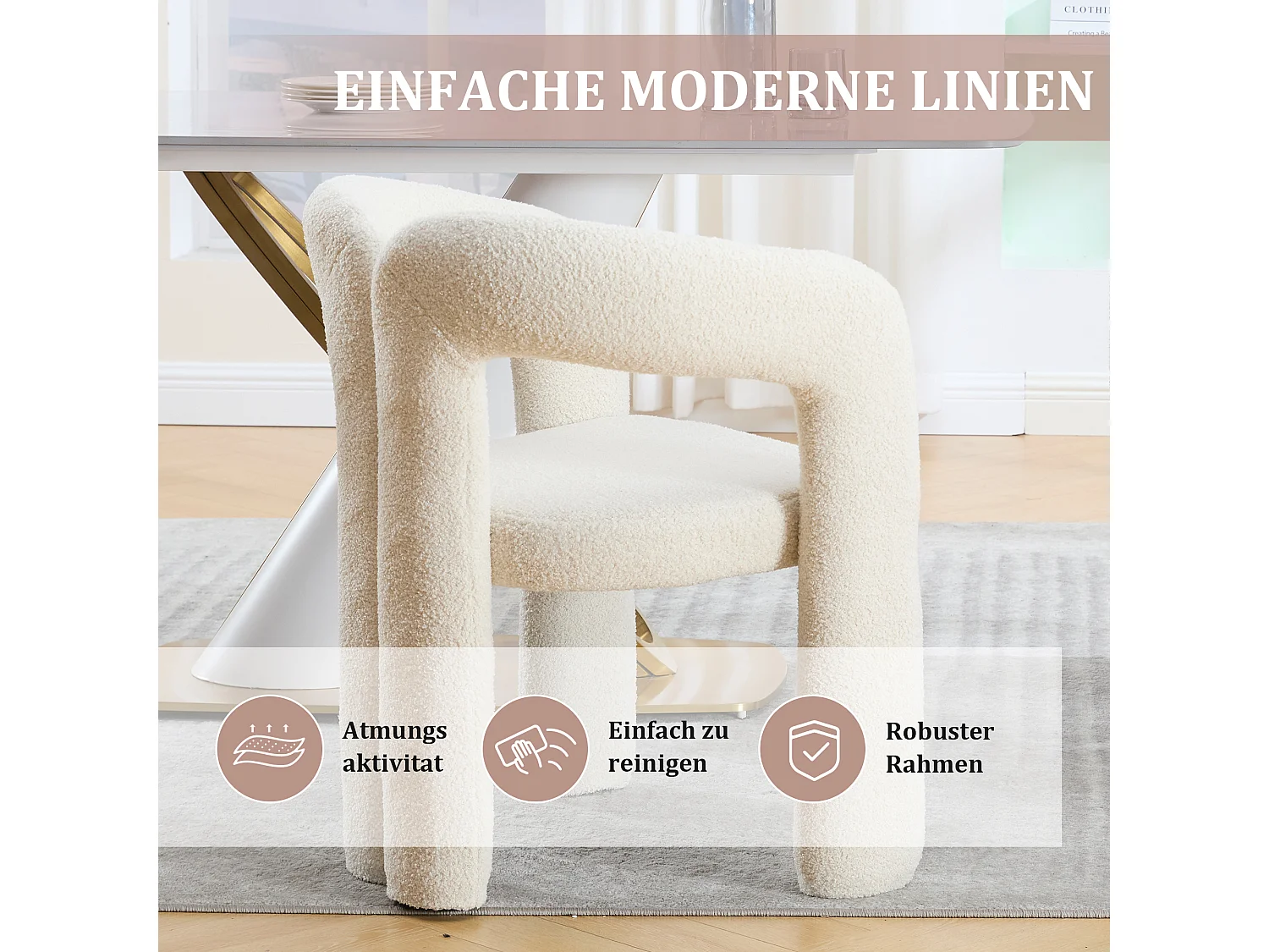 Lot de 2 chaises de salle à manger — en teddy beige — accoudoirs design à deux arcs - élégant et confortable