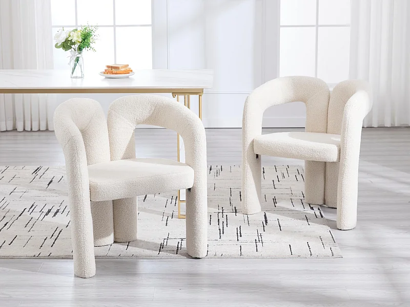 Lot de 2 chaises de salle à manger — en teddy beige — accoudoirs design à deux arcs - élégant et confortable