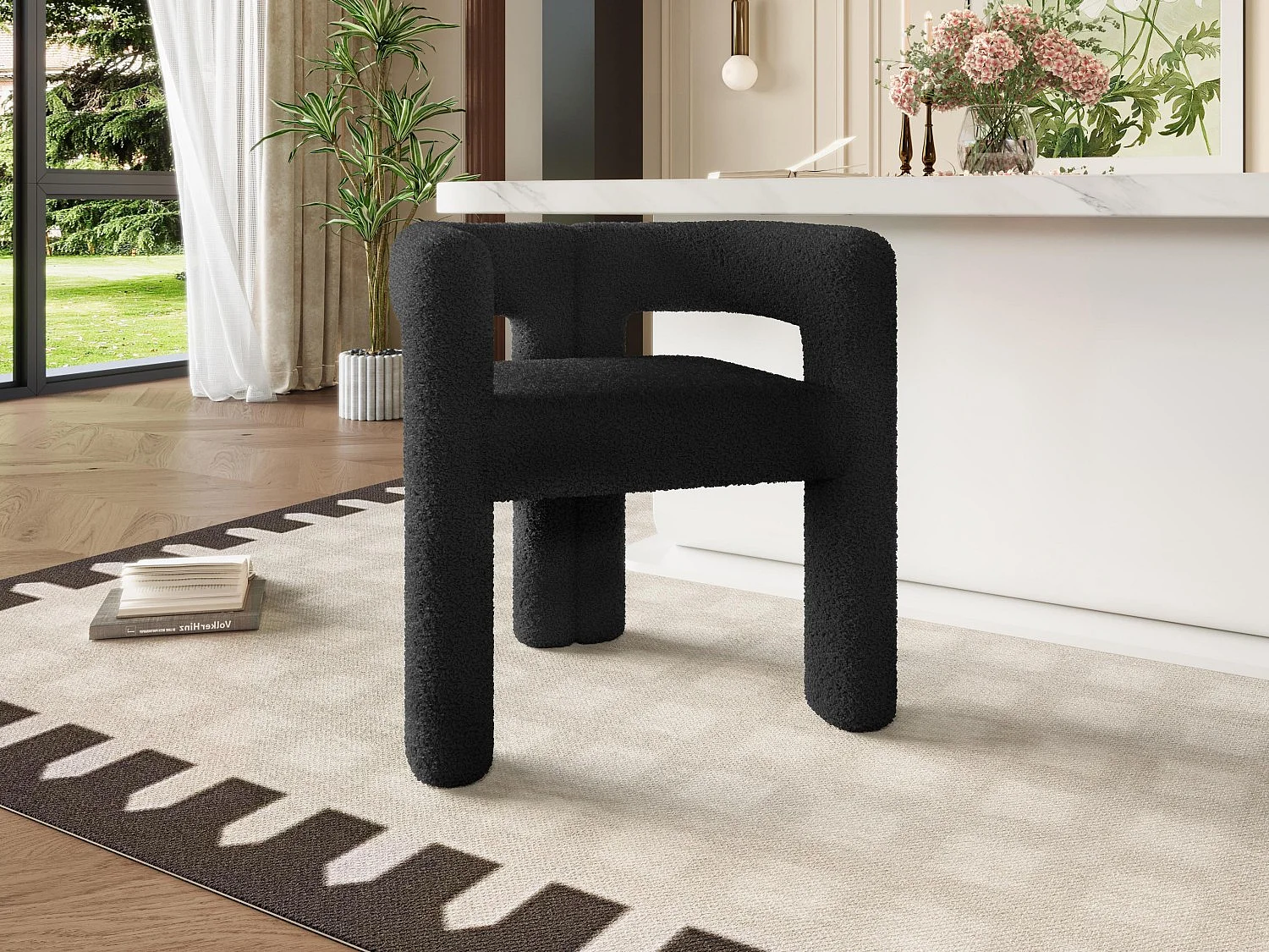 Chaise en velours Teddy noir - style patchwork - idéale pour café, salon ou repas en famille