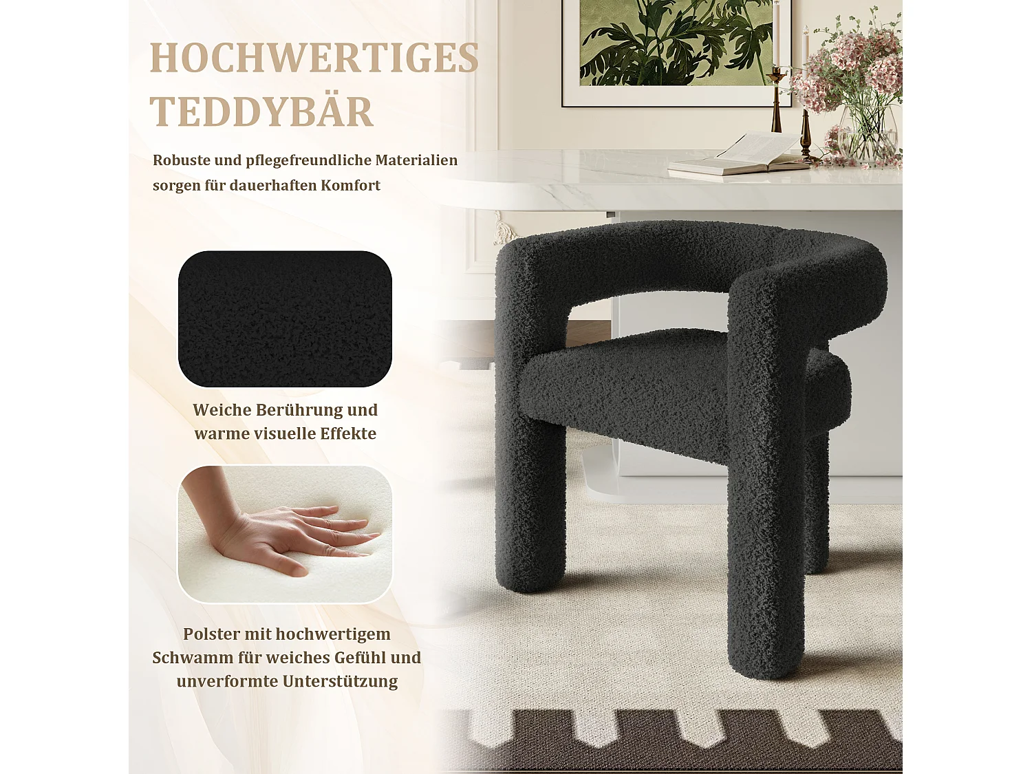 Chaise en velours Teddy noir - style patchwork - idéale pour café, salon ou repas en famille