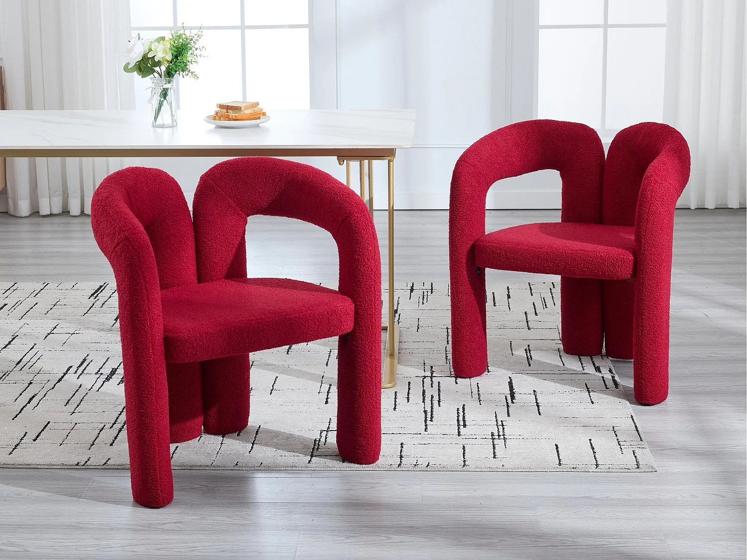 Lot de 2 chaises de salle à manger — en teddy rose poudré — accoudoirs design à deux arcs - élégant et confortable