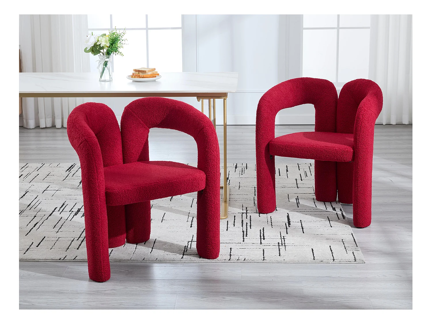 Lot de 2 chaises de salle à manger — en teddy rose poudré — accoudoirs design à deux arcs - élégant et confortable