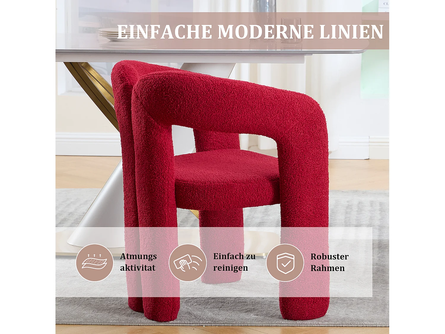 Lot de 2 chaises de salle à manger — en teddy rose poudré — accoudoirs design à deux arcs - élégant et confortable