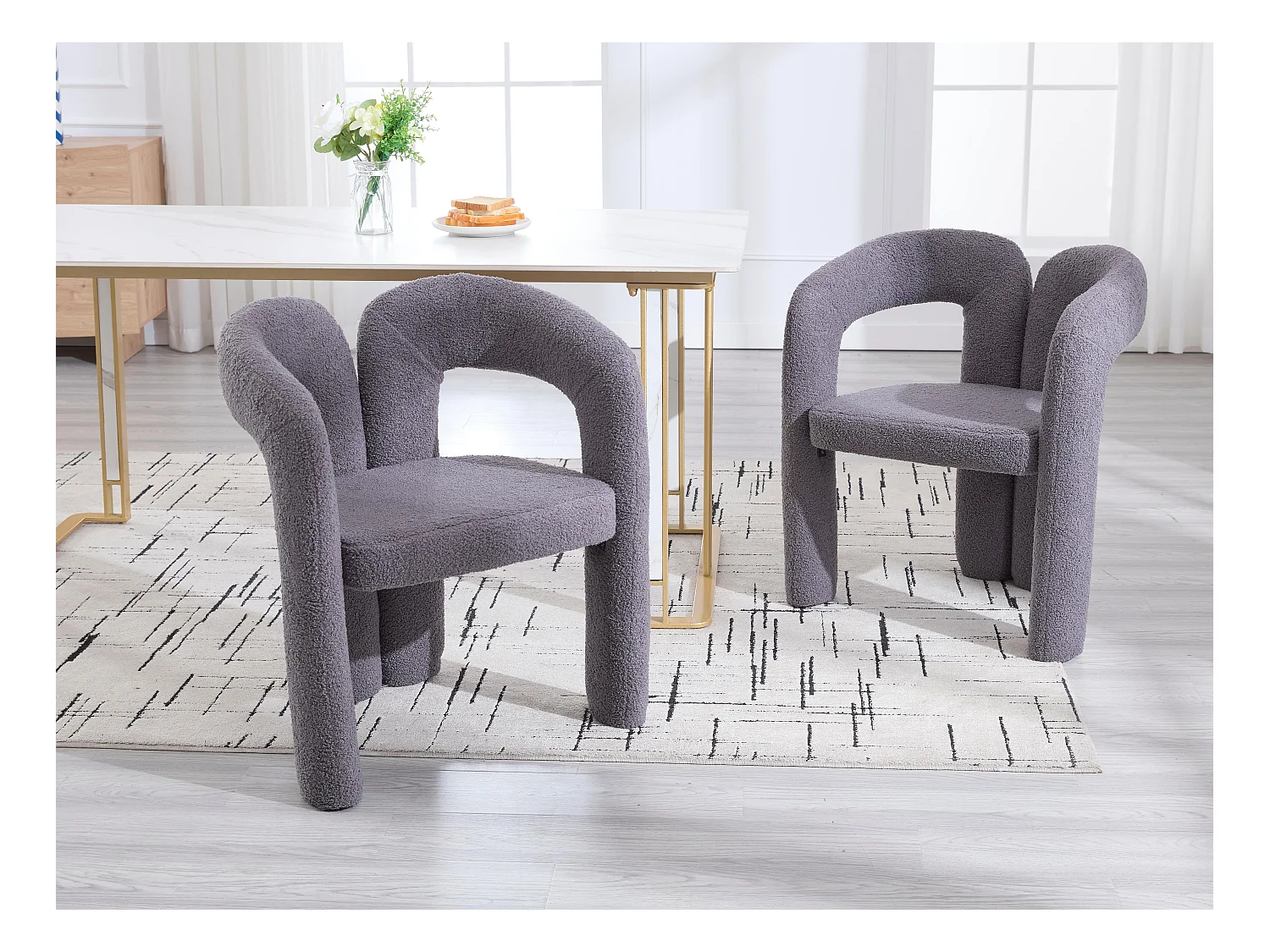 Lot de 2 chaises de salle à manger — en teddy gris — accoudoirs design à deux arcs - élégant et confortable