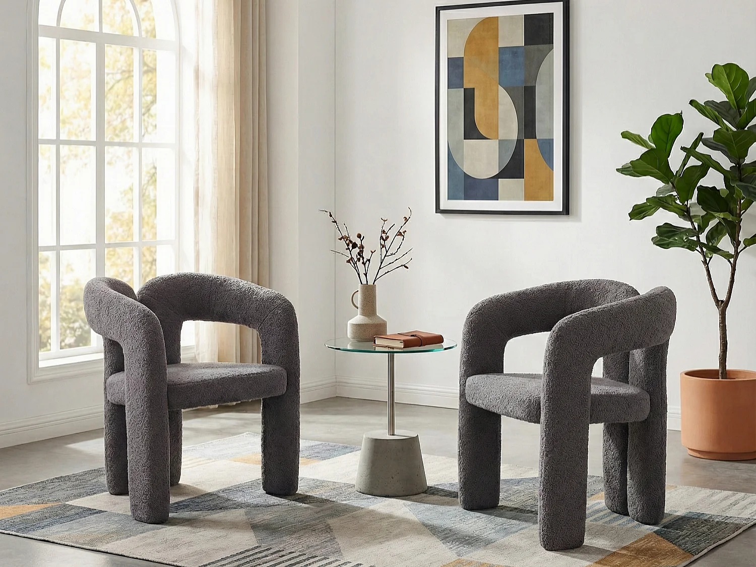 Lot de 2 chaises de salle à manger — en teddy gris — accoudoirs design à deux arcs - élégant et confortable