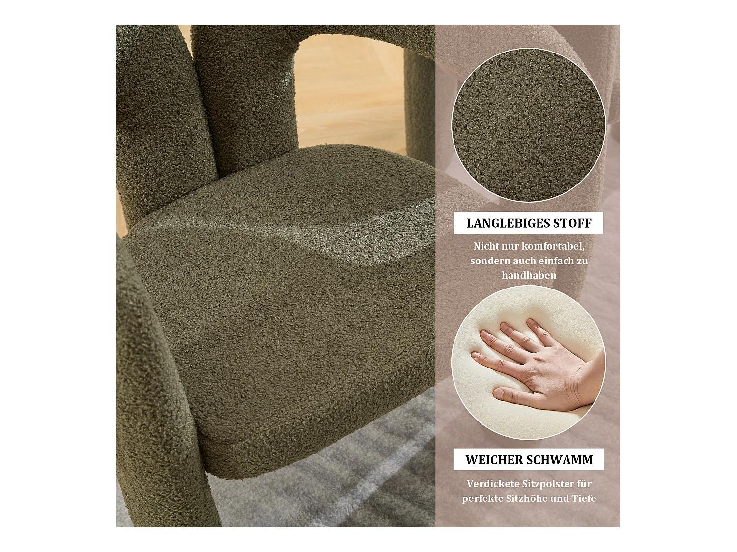 Lot de 2 chaises de salle à manger — en teddy vert — accoudoirs design à deux arcs - élégant et confortable