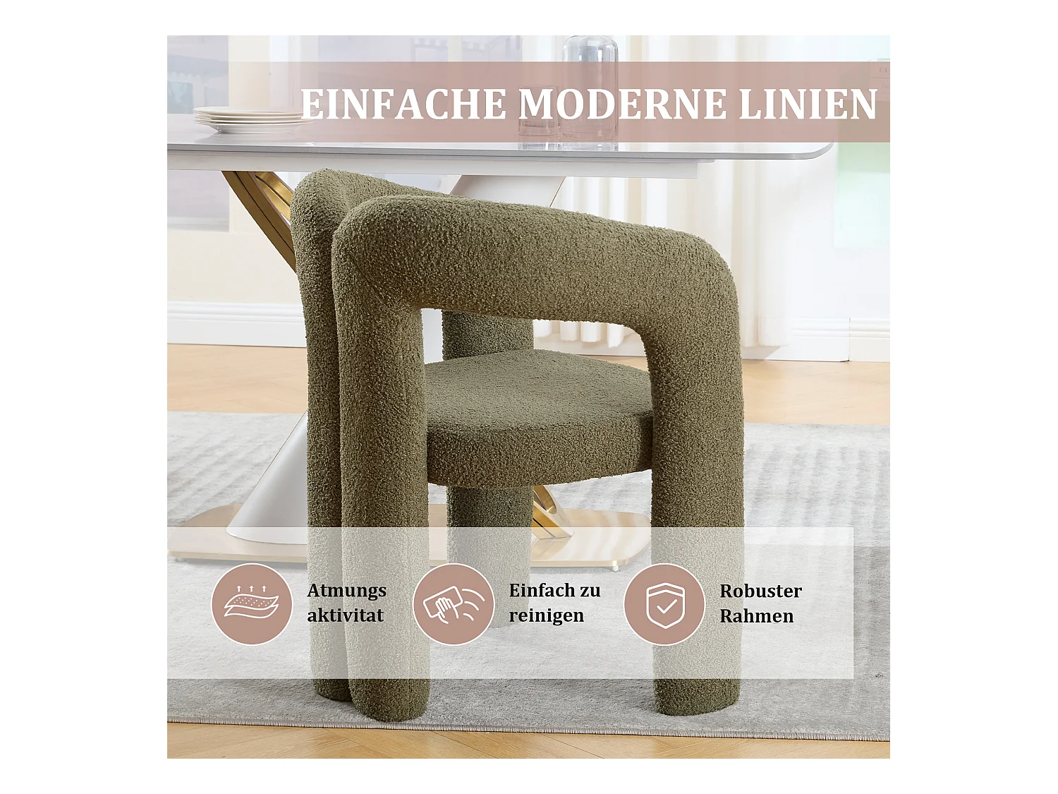 Lot de 2 chaises de salle à manger — en teddy vert — accoudoirs design à deux arcs - élégant et confortable