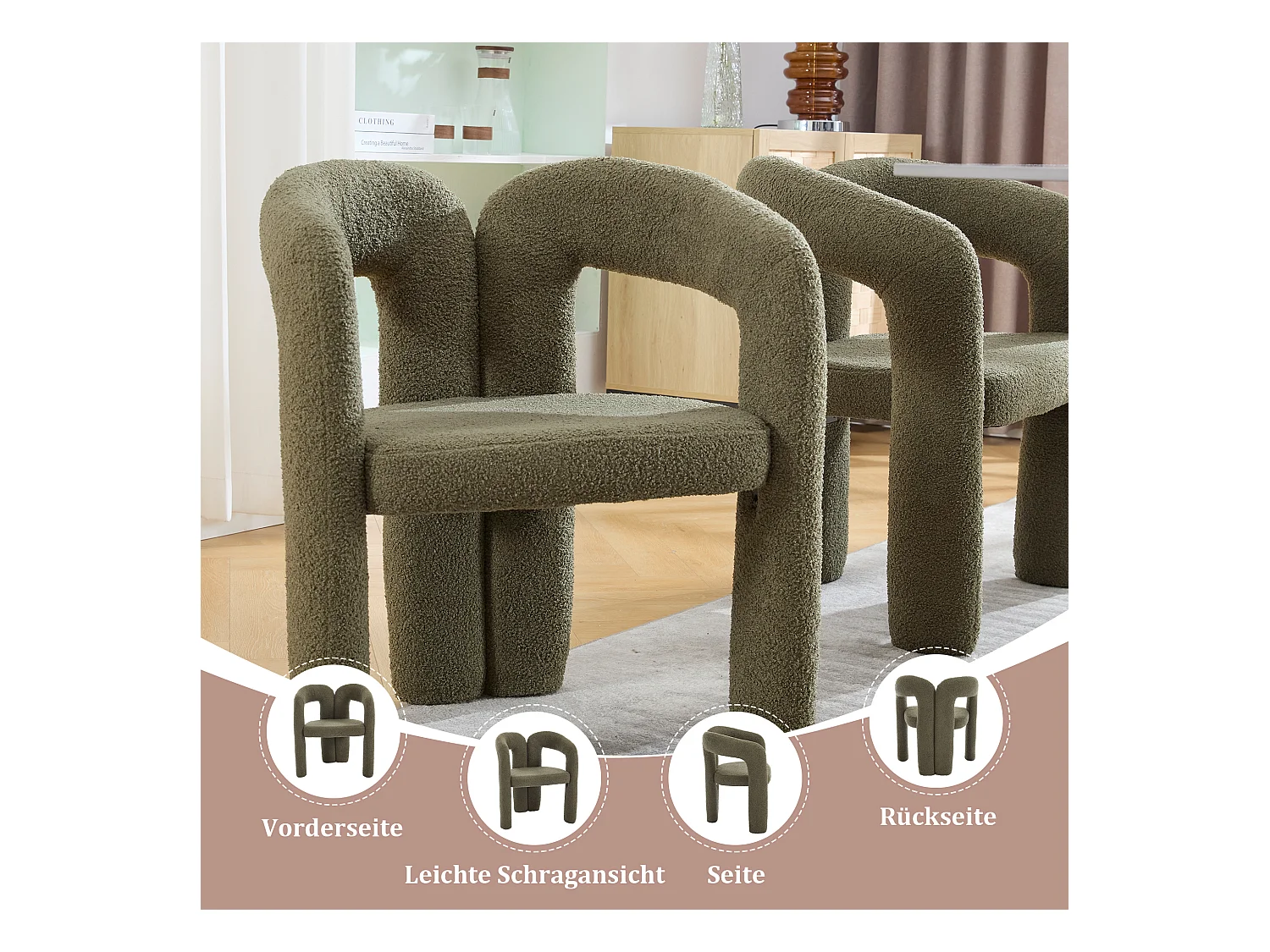 Lot de 2 chaises de salle à manger — en teddy vert — accoudoirs design à deux arcs - élégant et confortable