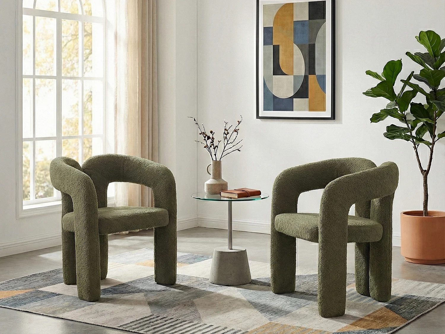 Lot de 2 chaises de salle à manger — en teddy vert — accoudoirs design à deux arcs - élégant et confortable