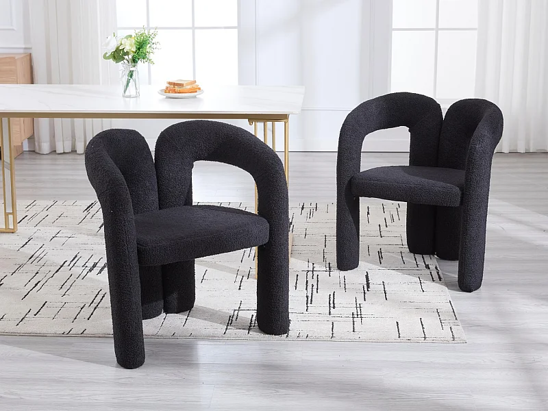 Lot de 2 chaises de salle à manger — en teddy noir — accoudoirs design à deux arcs - élégant et confortable