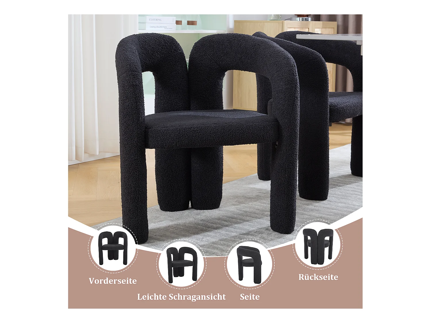Lot de 2 chaises de salle à manger — en teddy noir — accoudoirs design à deux arcs - élégant et confortable