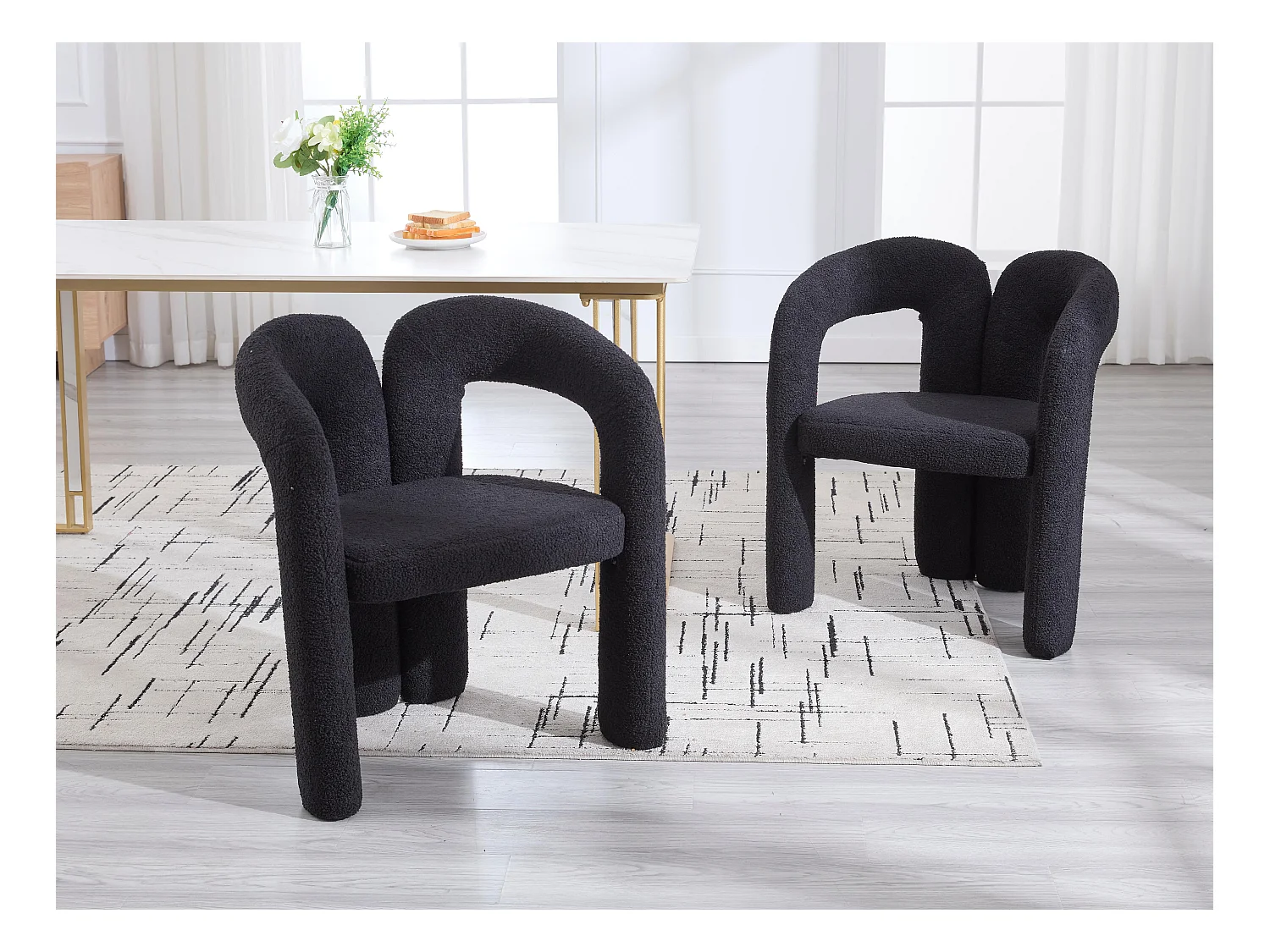 Lot de 2 chaises de salle à manger — en teddy noir — accoudoirs design à deux arcs - élégant et confortable