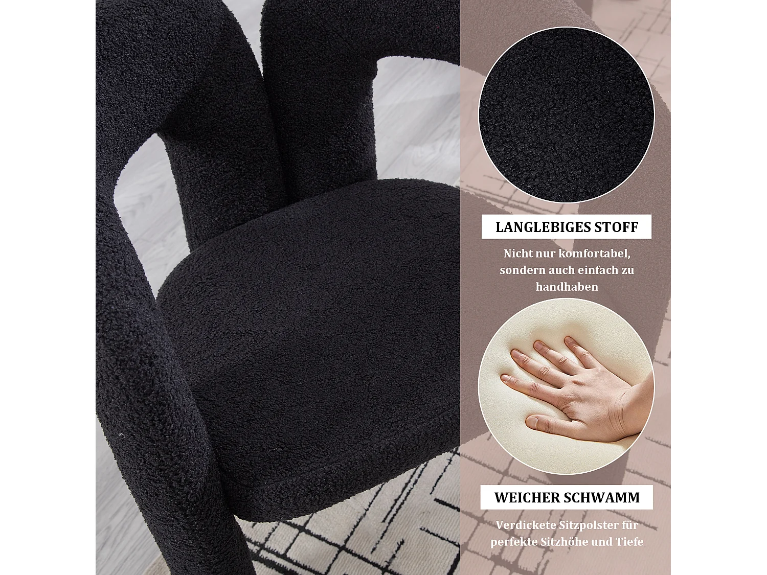 Lot de 2 chaises de salle à manger — en teddy noir — accoudoirs design à deux arcs - élégant et confortable