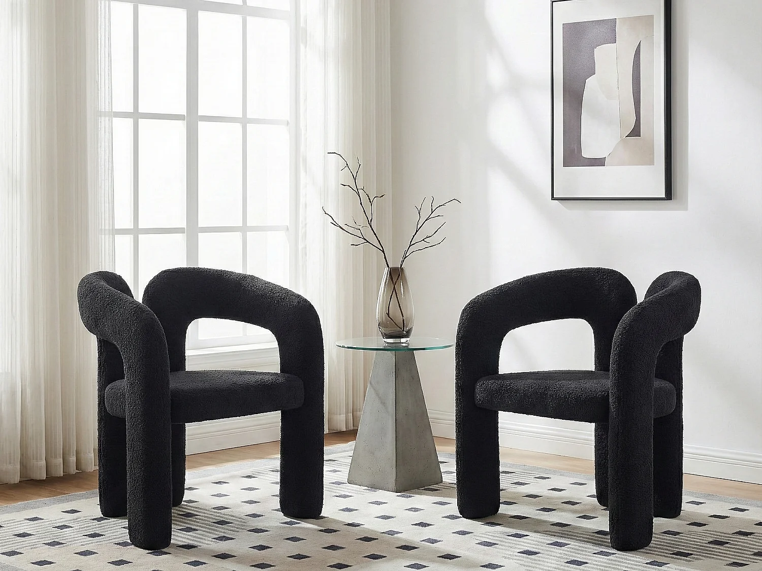 Lot de 2 chaises de salle à manger — en teddy noir — accoudoirs design à deux arcs - élégant et confortable