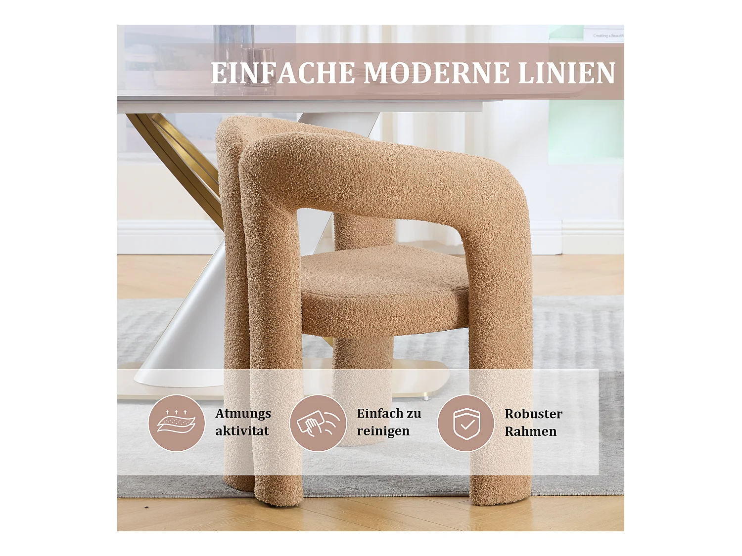 Lot de 2 chaises de salle à manger — en teddy camel — accoudoirs design à deux arcs - élégant et confortable