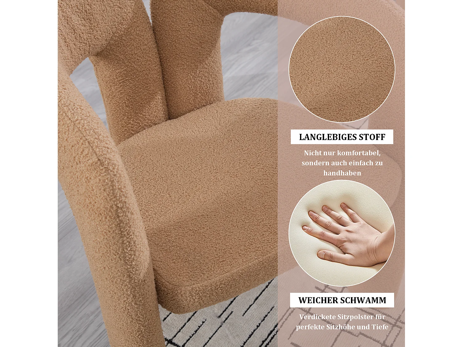 Lot de 2 chaises de salle à manger — en teddy camel — accoudoirs design à deux arcs - élégant et confortable