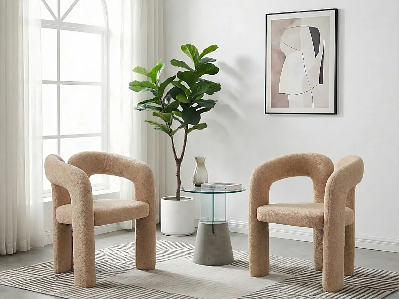 Lot de 2 chaises de salle à manger — en teddy camel — accoudoirs design à deux arcs - élégant et confortable