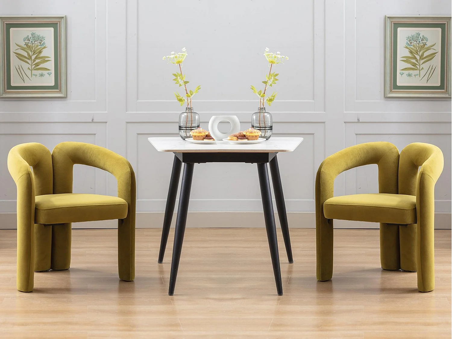 Lot de 2 chaises de salle à manger — velours vert sapin — accoudoirs design à deux arcs - élégant et confortable