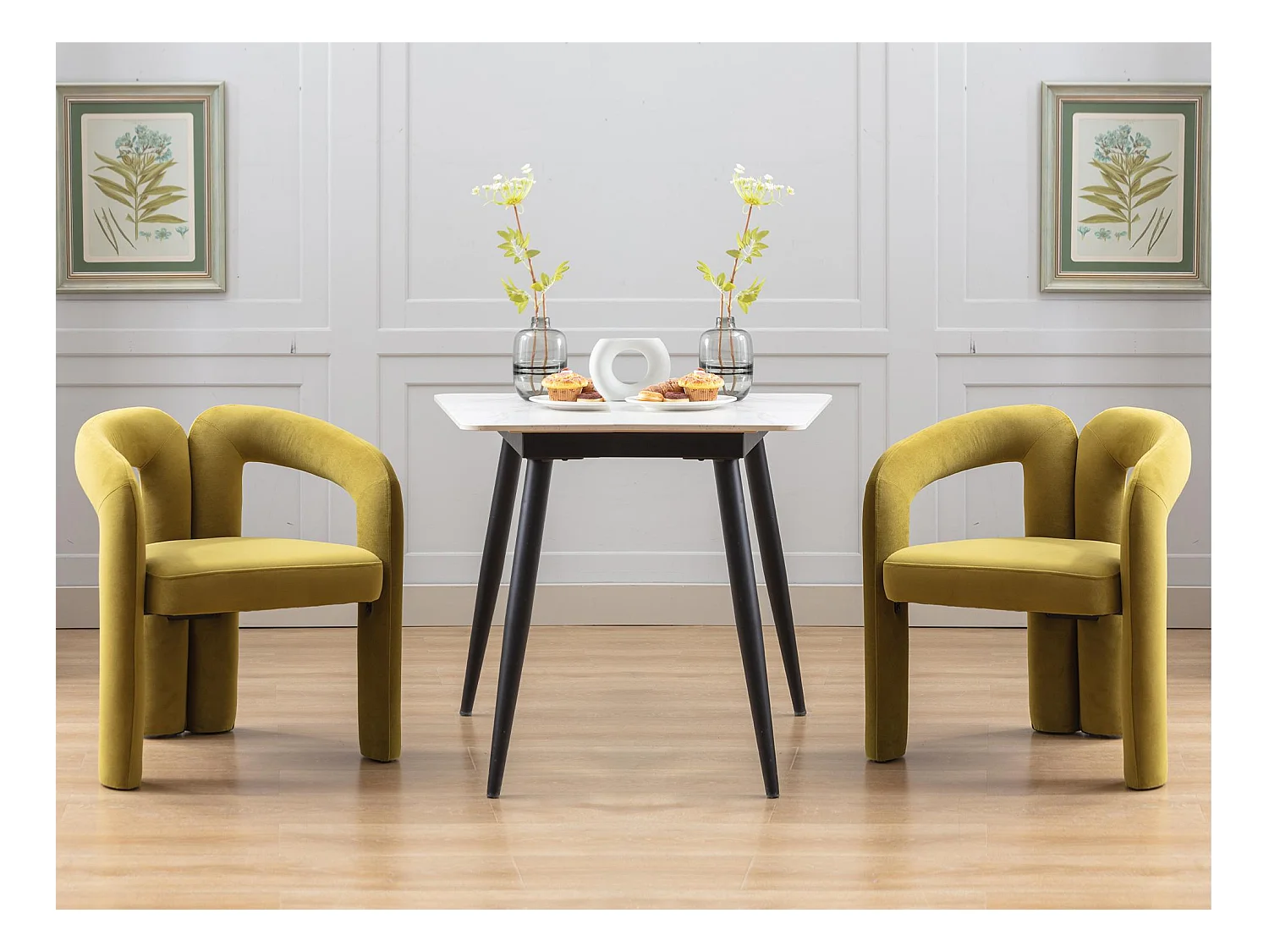 Set van 2 eetkamerstoelen - dennengroen fluweel - dubbele gebogen design armleuningen - elegant en comfortabel