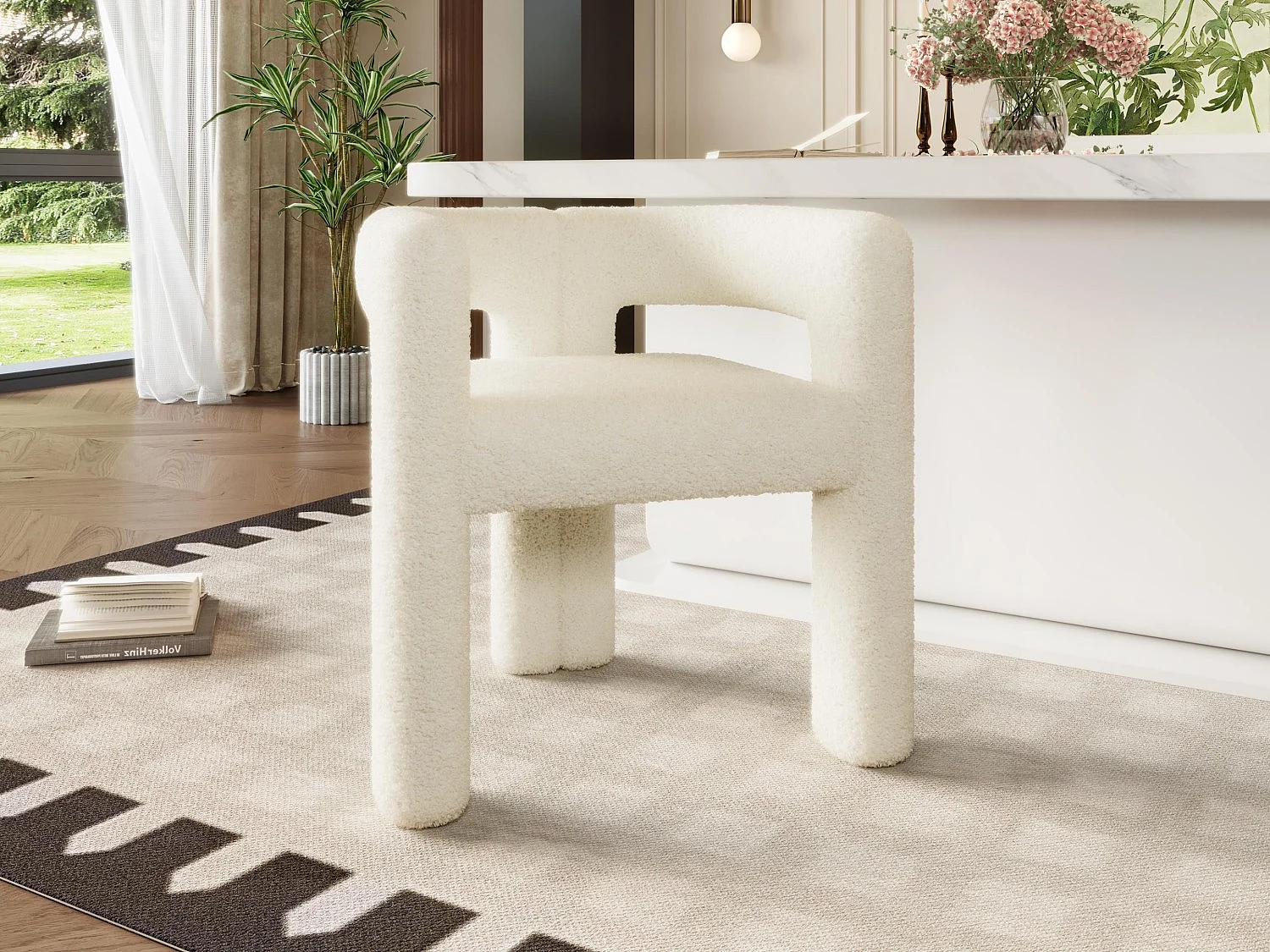 Chaise en velours Teddy beige - style patchwork - idéale pour café, salon ou repas en famille