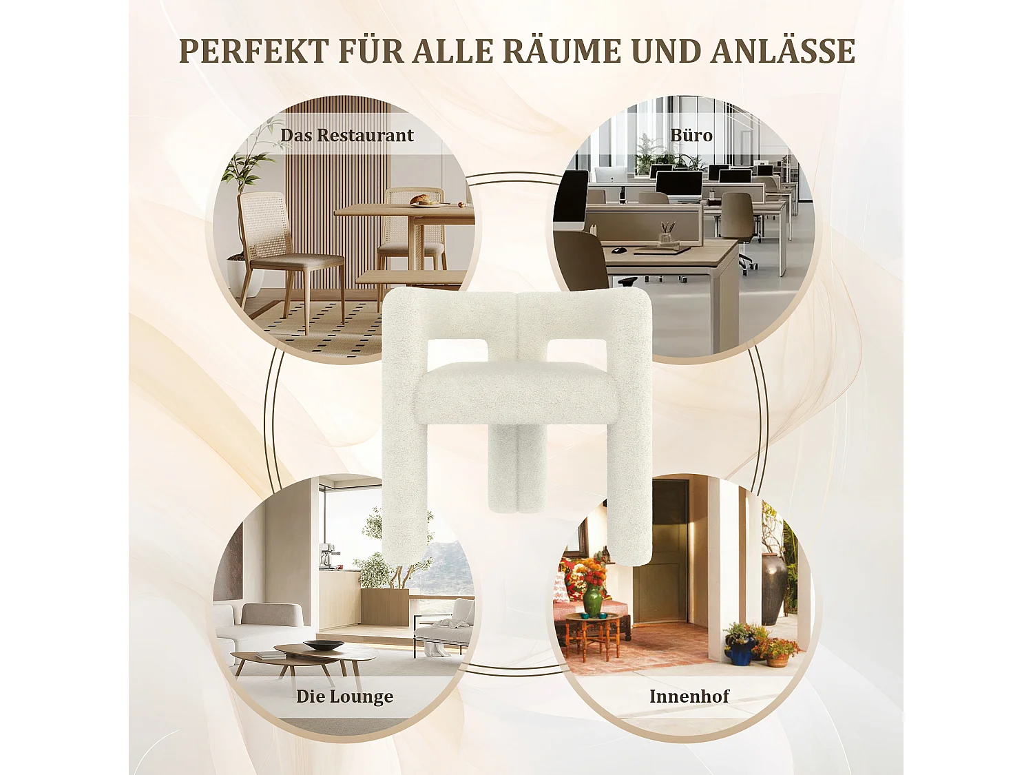 Chaise en velours Teddy beige - style patchwork - idéale pour café, salon ou repas en famille