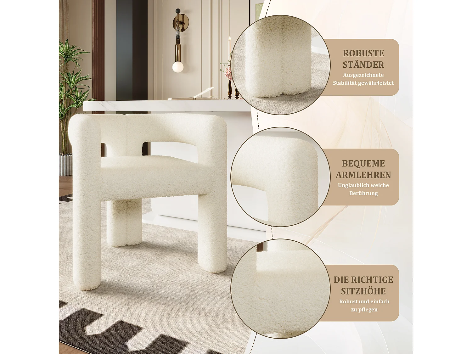 Chaise en velours Teddy beige - style patchwork - idéale pour café, salon ou repas en famille