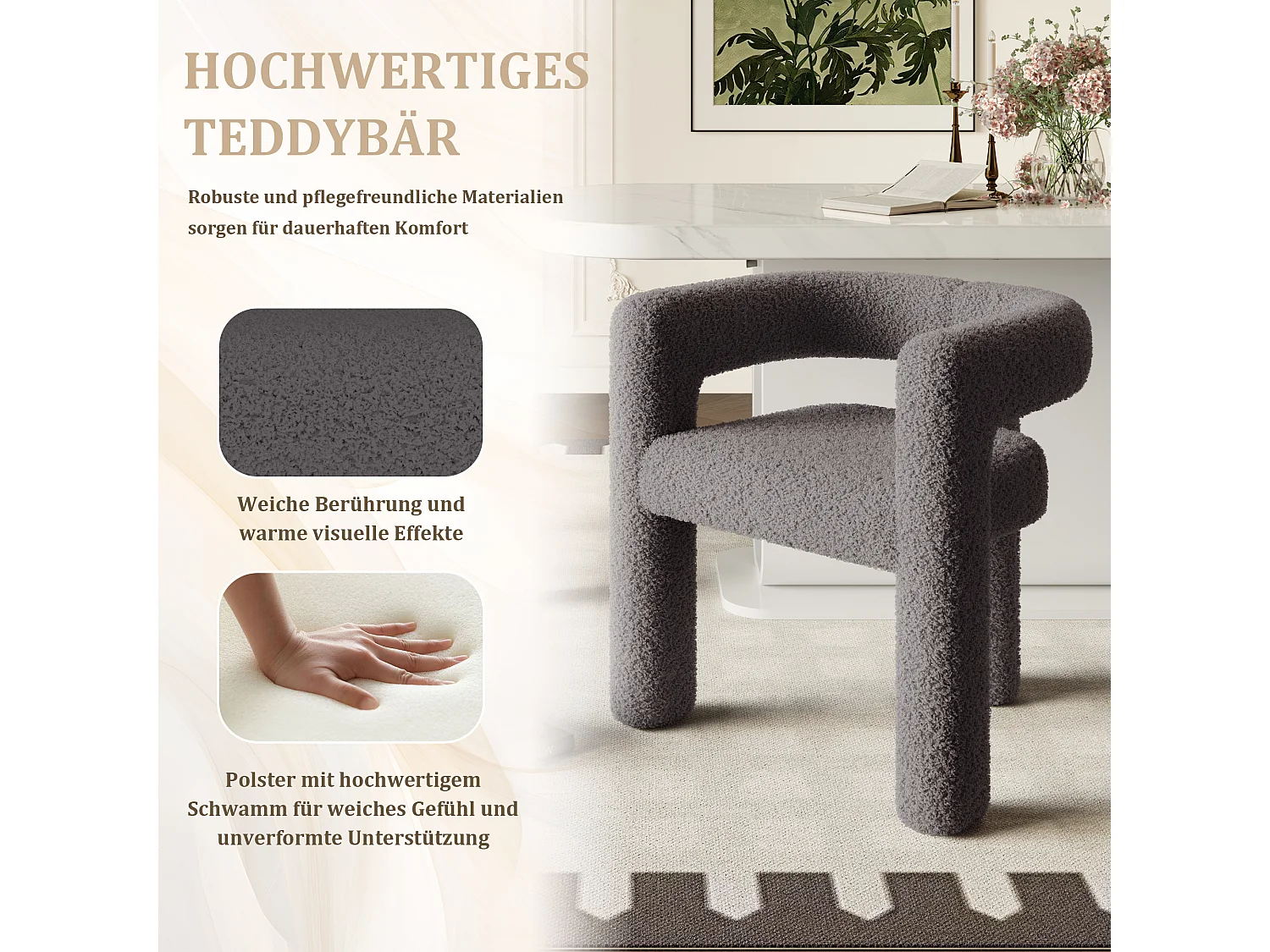 Chaise en velours Teddy gris anthracite - style patchwork - idéale pour café, salon ou repas en famille
