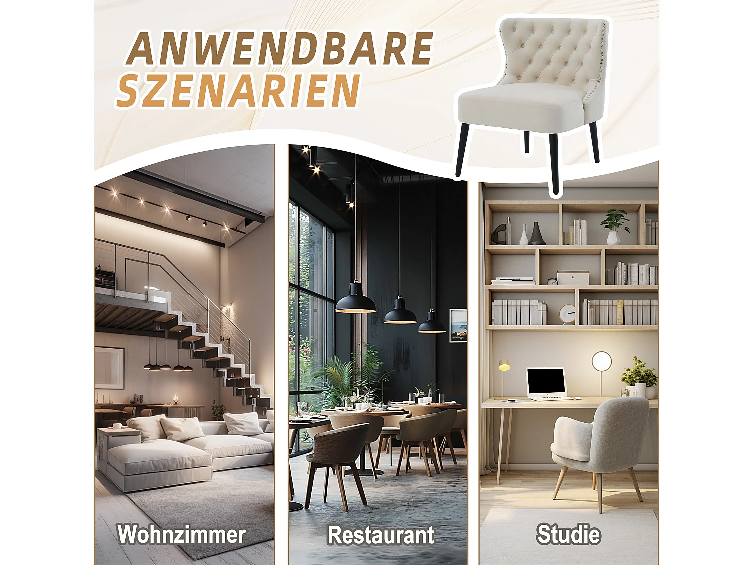 Chaise de luxe en velours beige - Confort et élégance - Idéale pour salle à manger