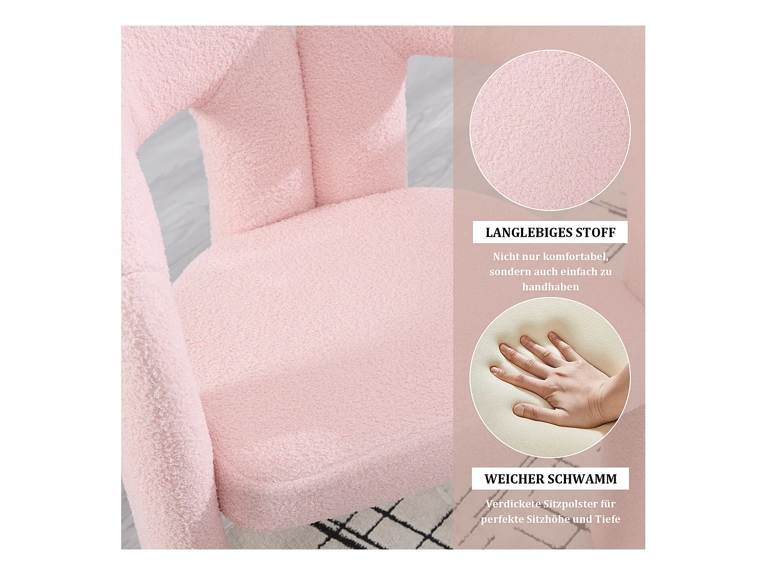 Lot de 2 chaises de salle à manger — en teddy rose — accoudoirs design à deux arcs - élégant et confortable