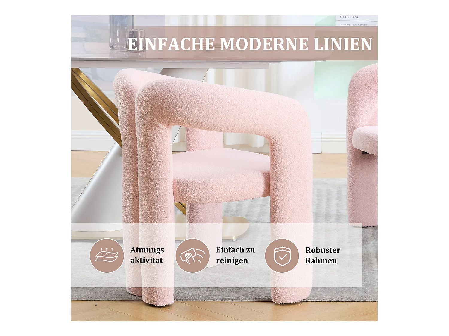 Lot de 2 chaises de salle à manger — en teddy rose — accoudoirs design à deux arcs - élégant et confortable