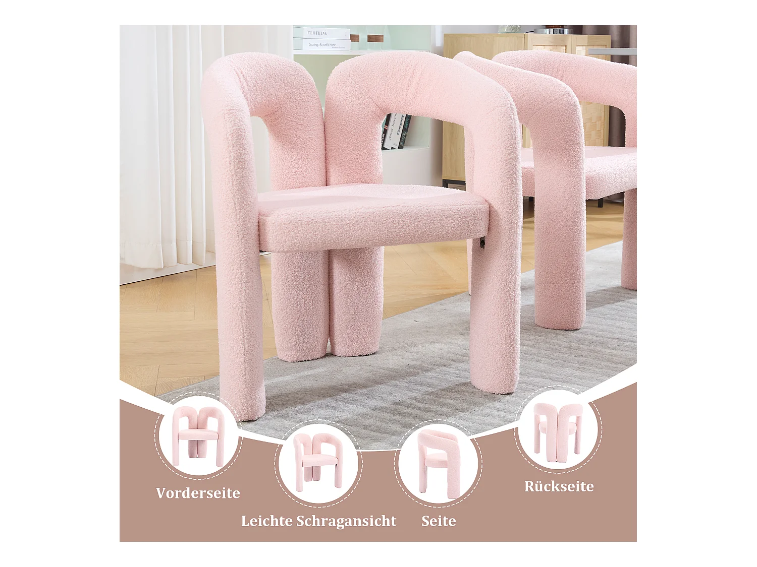 Lot de 2 chaises de salle à manger — en teddy rose — accoudoirs design à deux arcs - élégant et confortable