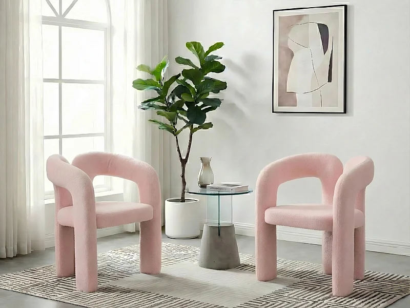 Set van 2 eetkamerstoelen - in roze teddy - dubbele gebogen design armleuningen - elegant en comfortabel