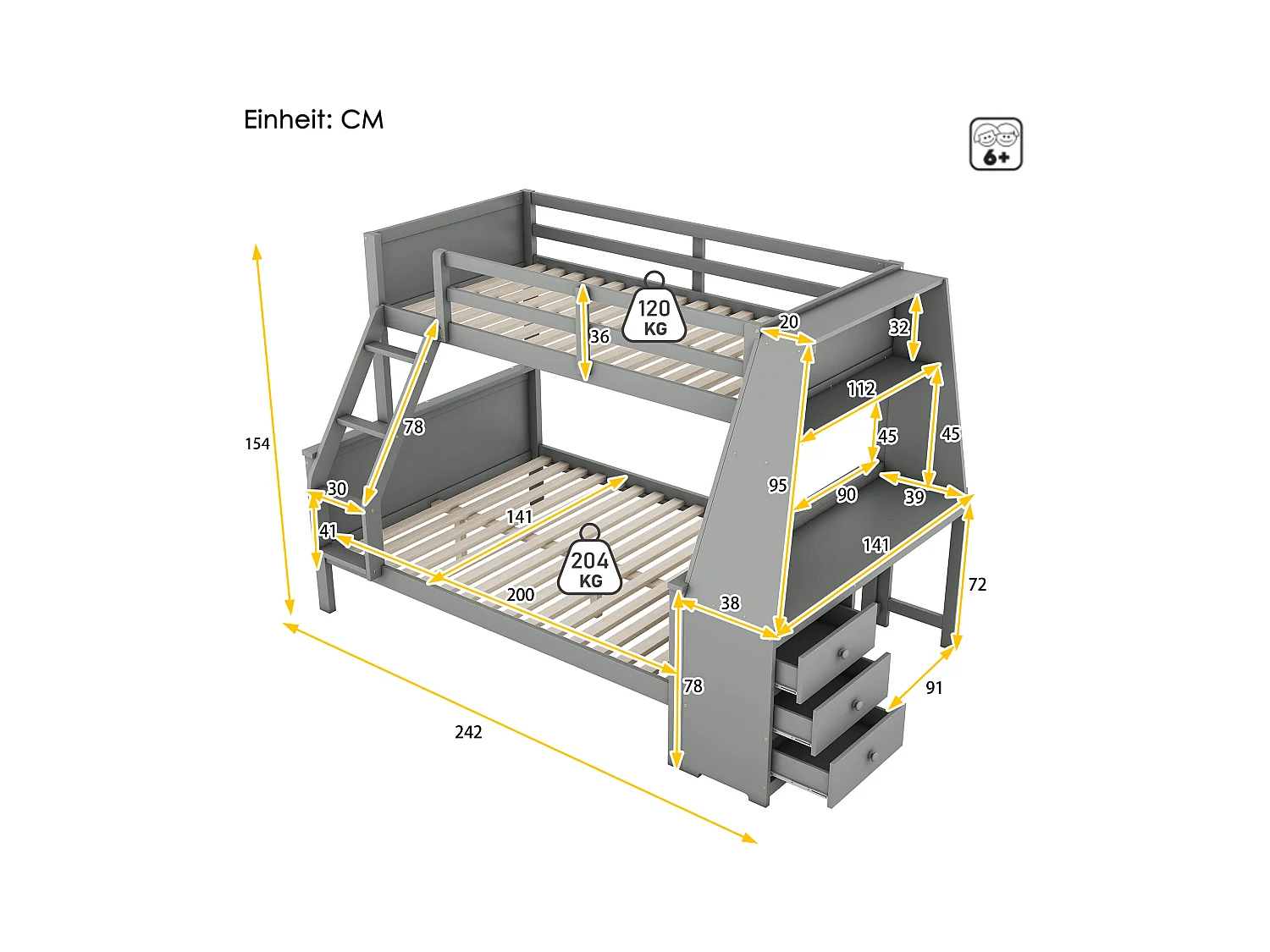Lit superposé 90/140x200 cm avec bureau et 3 tiroirs - protection anti-chute - bois - gris (sans matelas)