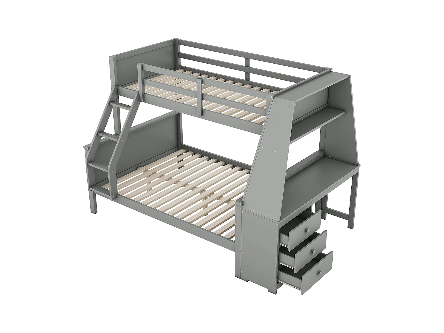 Lit superposé 90/140x200 cm avec bureau et 3 tiroirs - protection anti-chute - bois - gris (sans matelas)