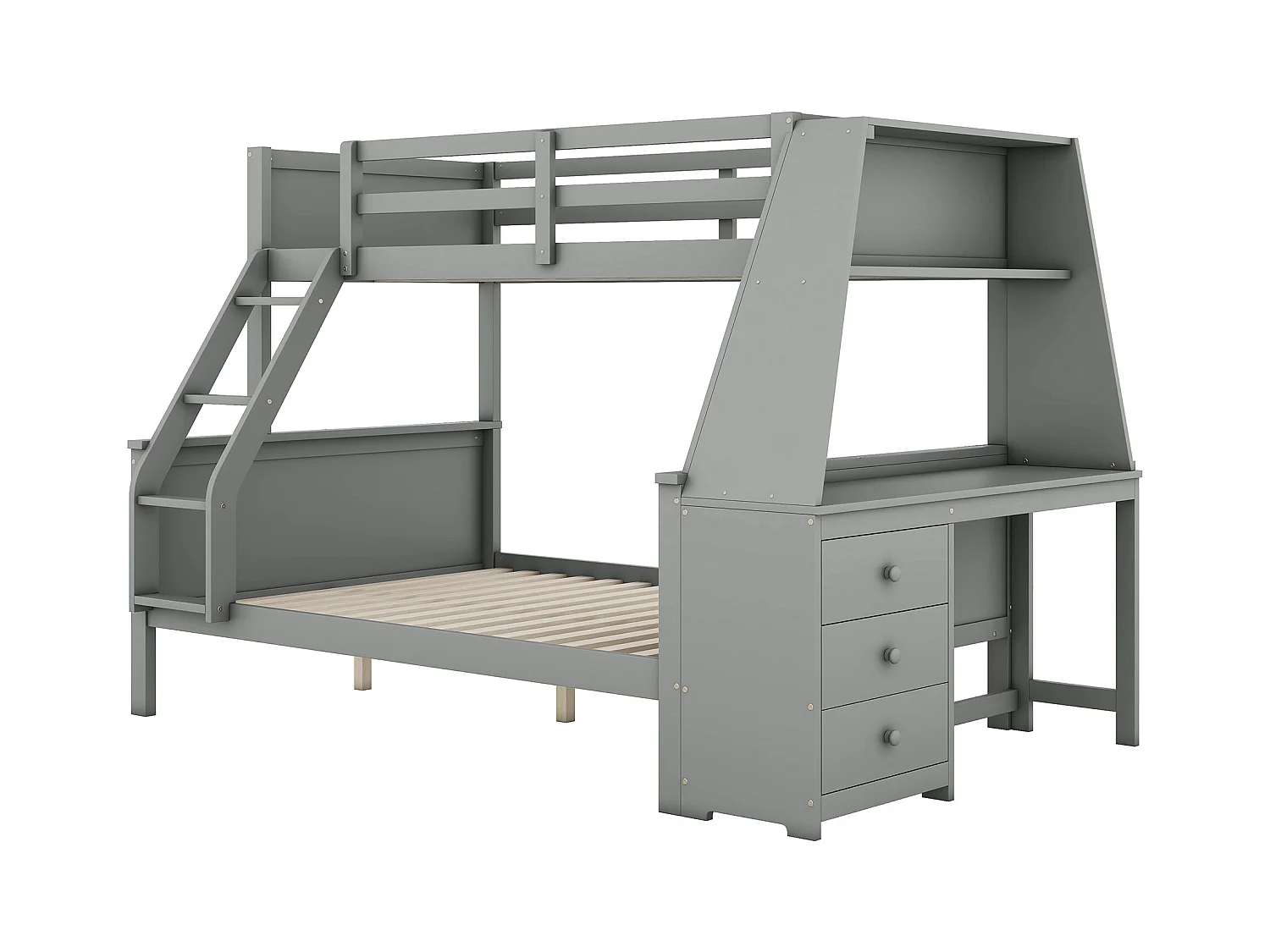 Lit superposé 90/140x200 cm avec bureau et 3 tiroirs - protection anti-chute - bois - gris (sans matelas)