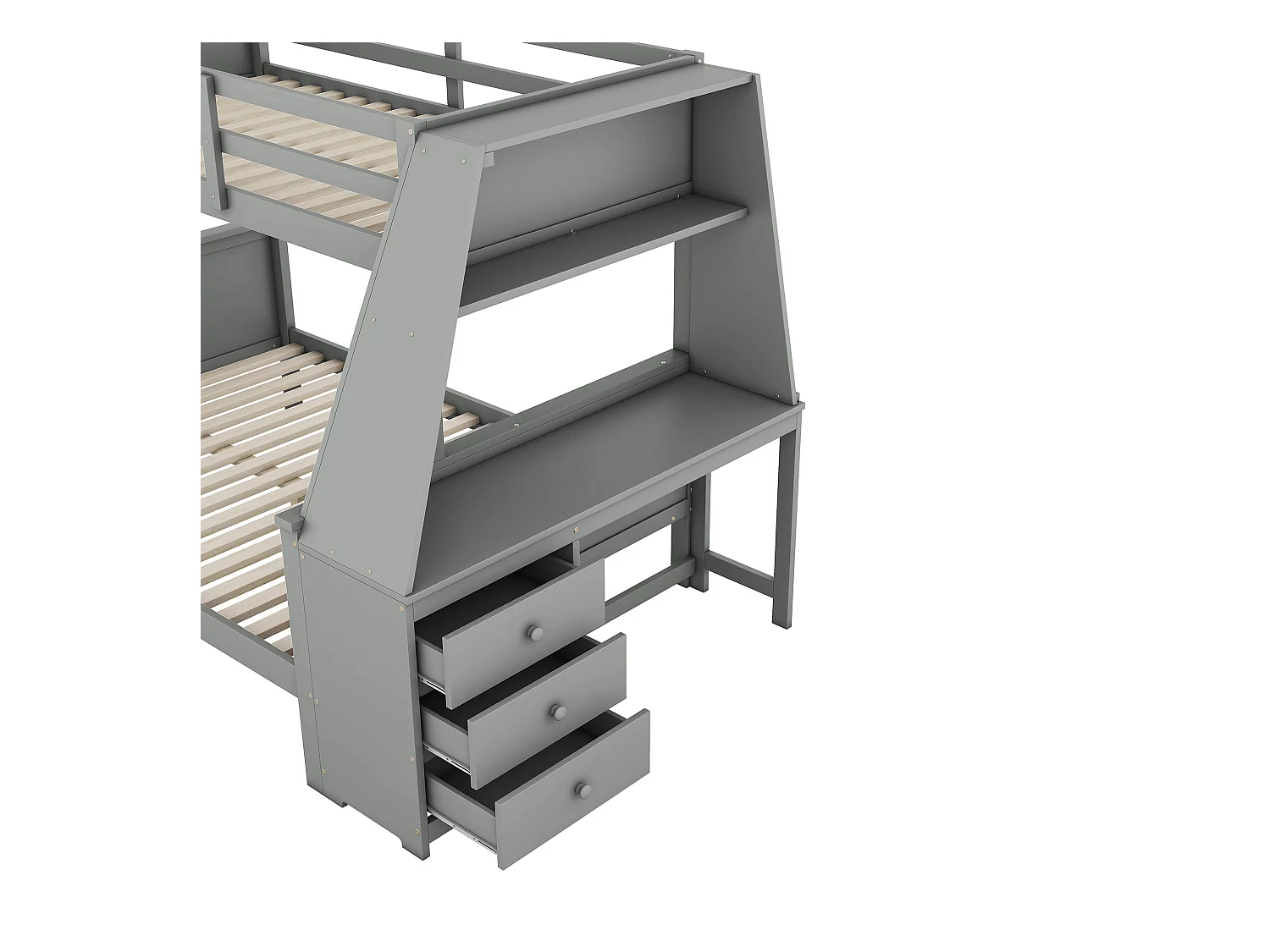Lit superposé enfant 90/140x200 cm avec bureau et 3 tiroirs - protection anti-chute - bois - gris (sans matelas)