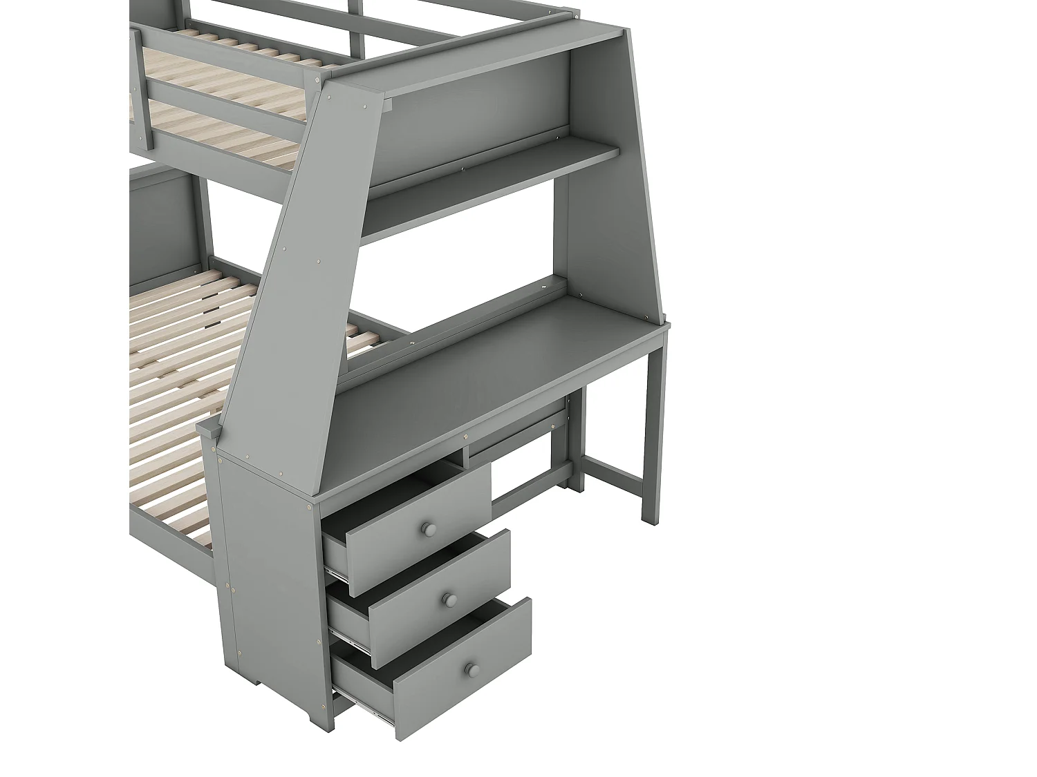 Lit superposé 90/140x200 cm avec bureau et 3 tiroirs - protection anti-chute - bois - gris (sans matelas)