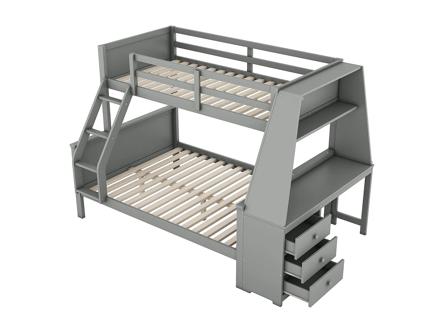 Lit superposé 90/140x200 cm avec bureau et 3 tiroirs - protection anti-chute - bois - gris (sans matelas)