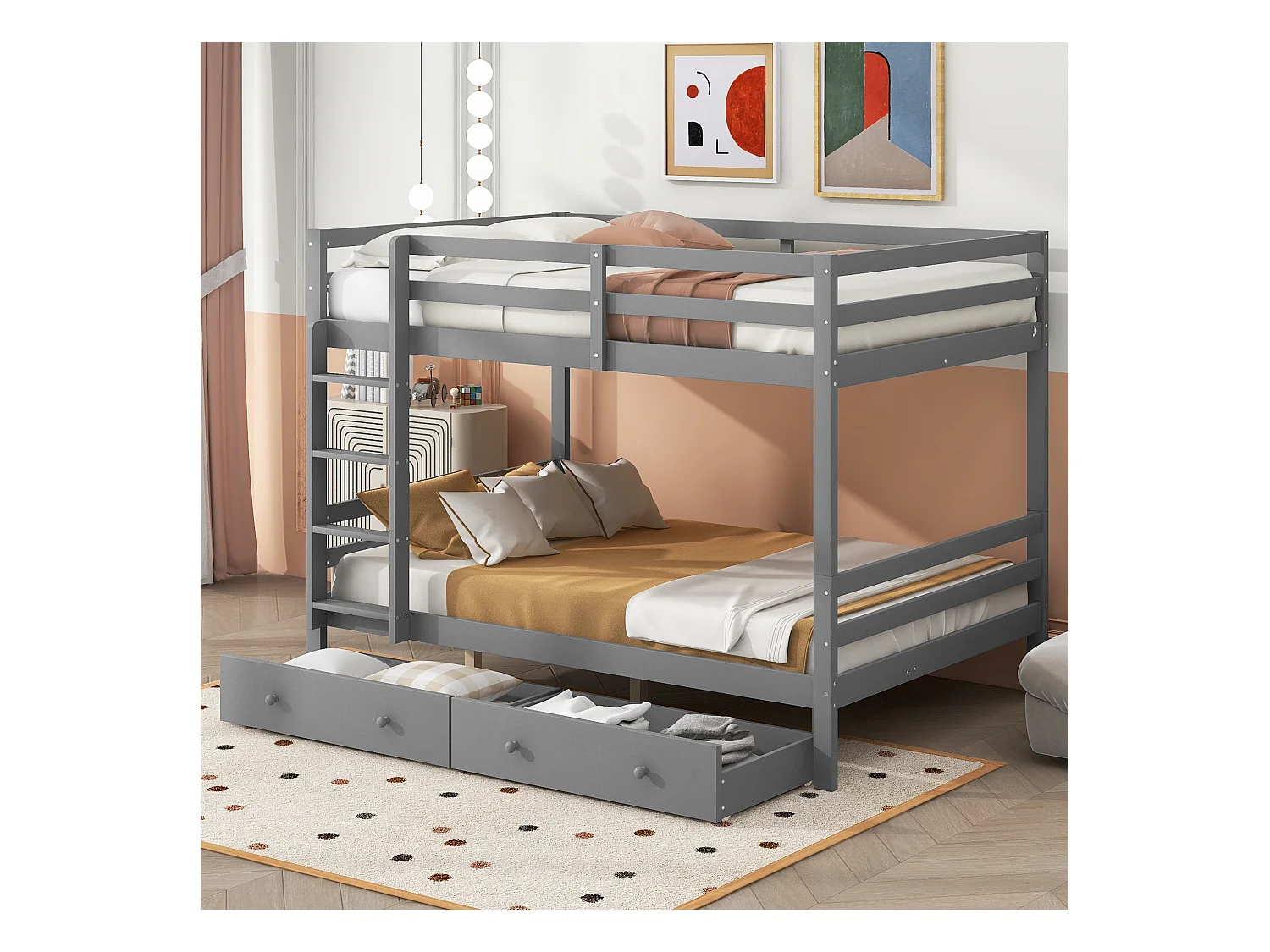 Lit superposé enfant 140x200 cm avec 2 tiroirs - protection anti-chute - bois - gris (sans matelas)