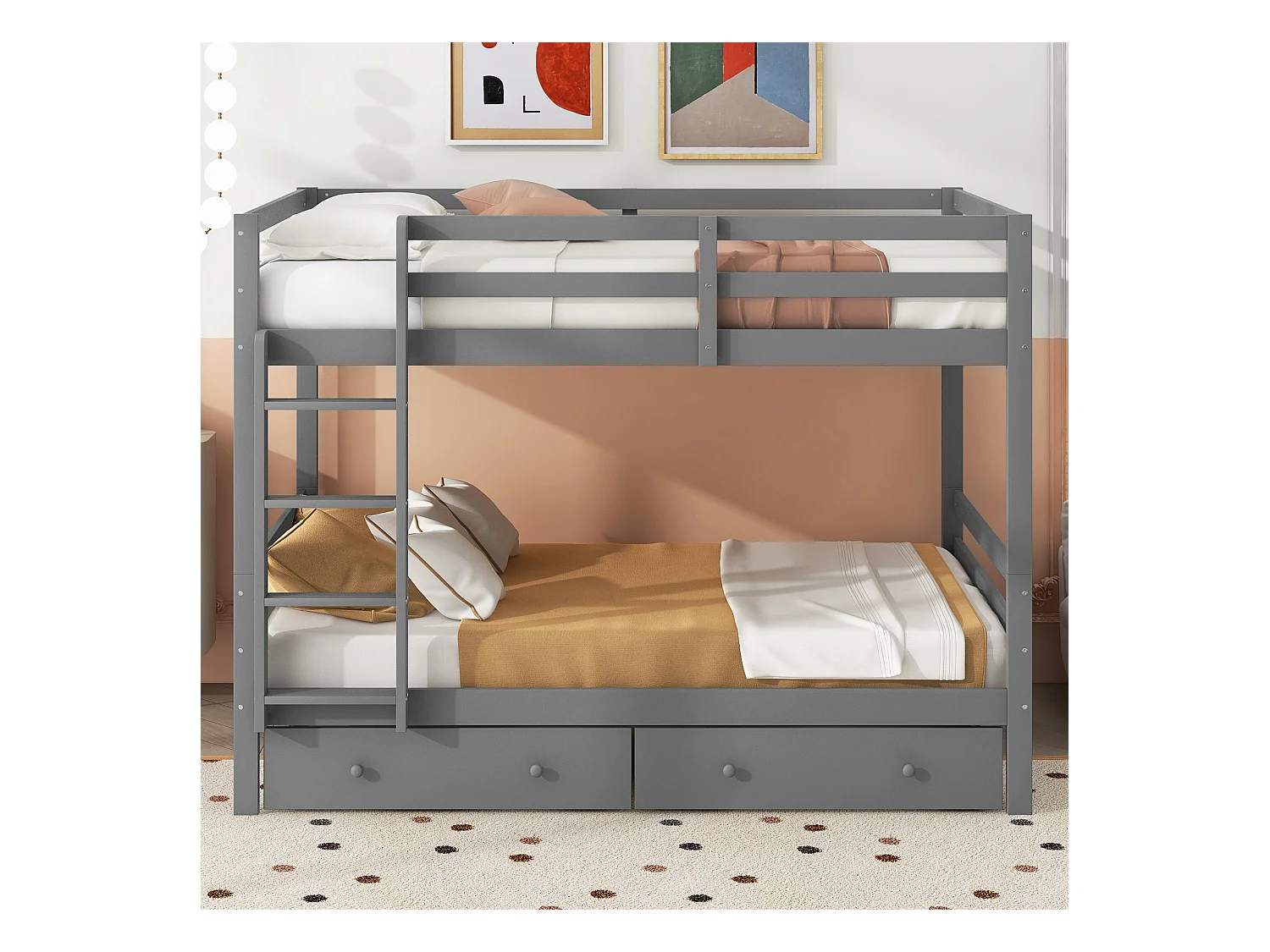 Lit superposé enfant 140x200 cm avec 2 tiroirs - protection anti-chute - bois - gris (sans matelas)