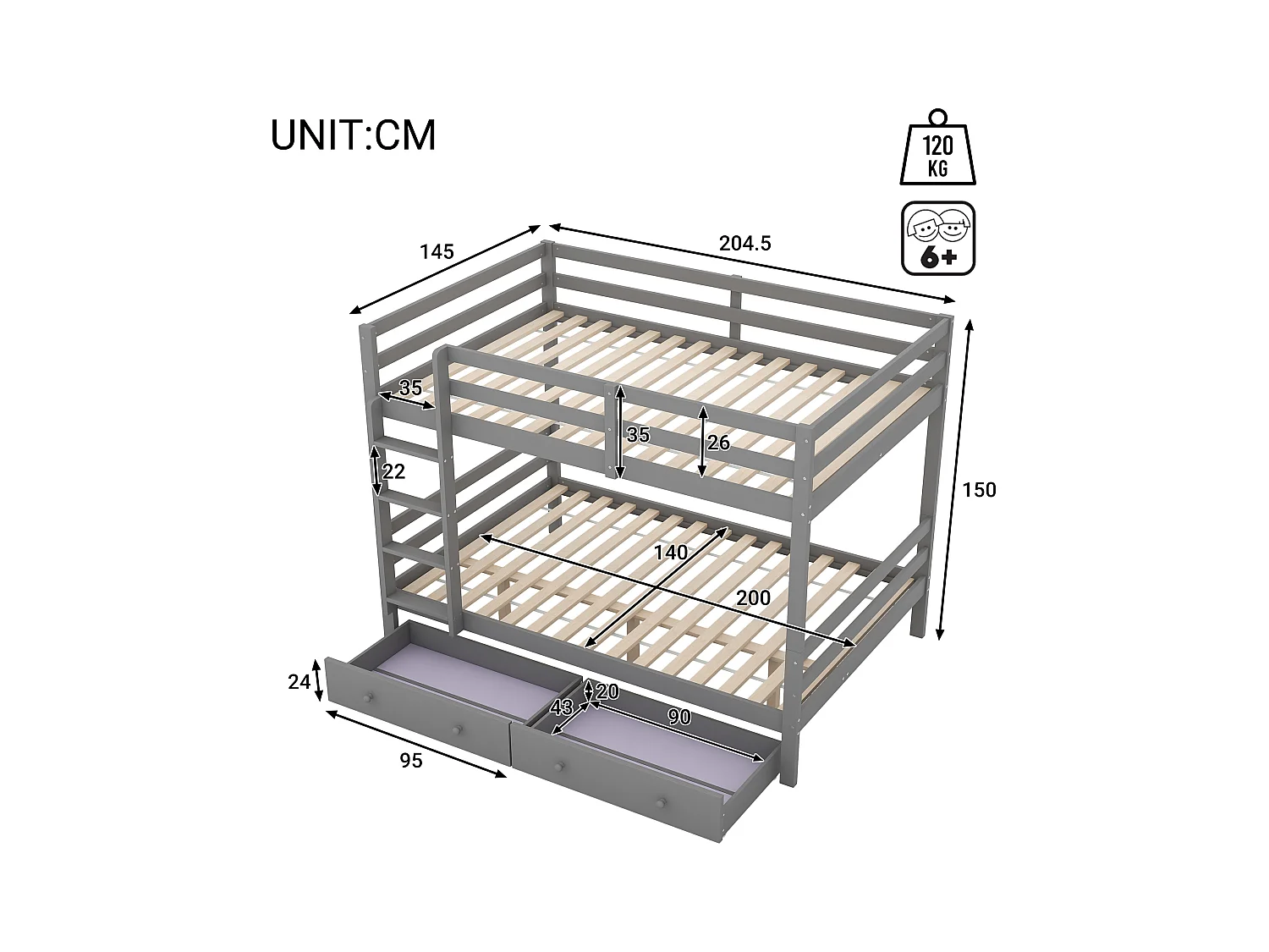 Lit superposé enfant 140x200 cm avec 2 tiroirs - protection anti-chute - bois - gris (sans matelas)